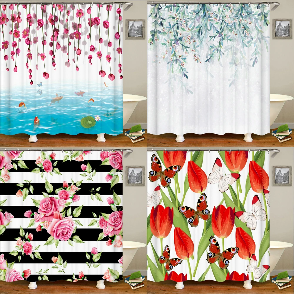 

Beautiful Flower Plant Butterfly Printed Shower Curtains Bathroom Curtain Frabic Waterproof Polyester Bathroom Curtain with Hook