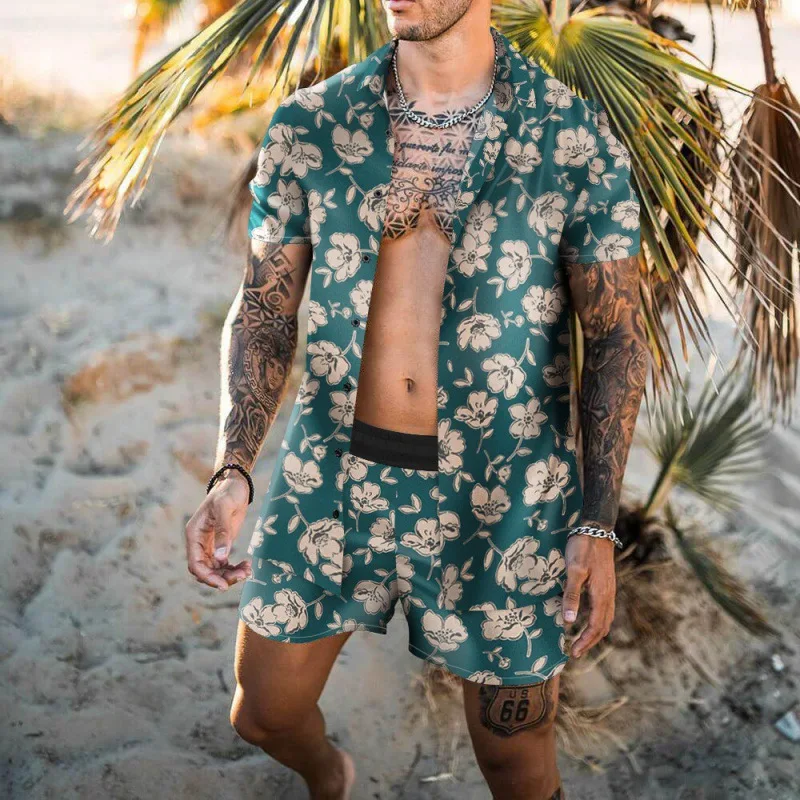 

Men's Tracksuit Casual Summer Beach Short Sleeve Shirt and Shorts Suit Vacation Hawaiian two-Piece Set Male Clothing Streetwear