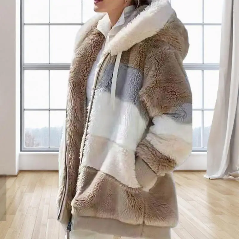 

Women Warm Plush Jackets Fall Winter Faux Fur Patchwork Oversize Zipper Outwear Ladies Elegant Loose Fleece Hooded Coat Jacket