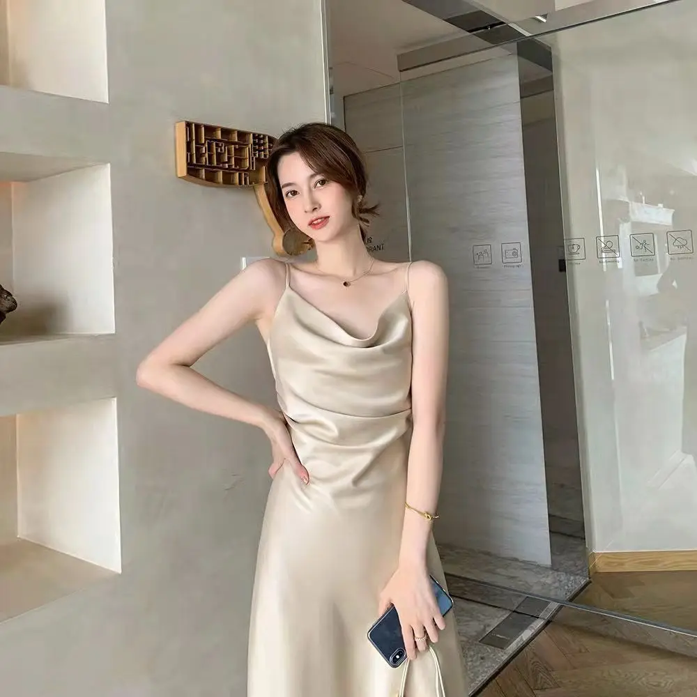 

Swing Collar Sexy Backless Slim Satin Sling Dress Summer Fashion Pullover A-line Flounced Edge Solid Women's Midi Dresses 2022