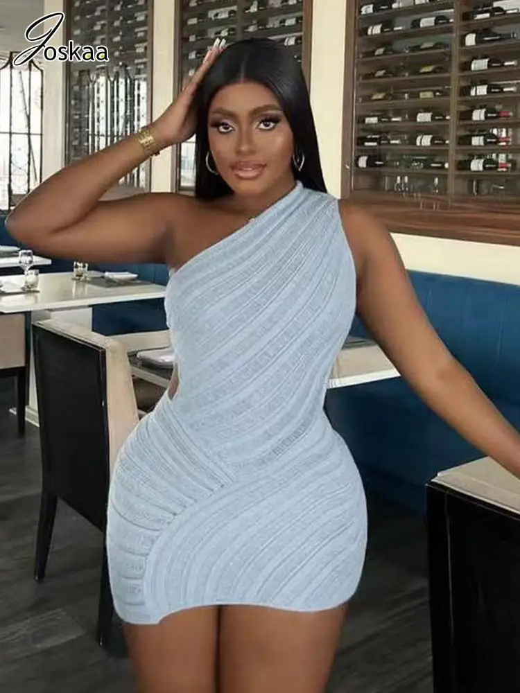 

Joskaa Knitted Hollow Out Mini Dress Women Sexy One Shoulder Sleeveless Vacation Holiday Dress For Summer 2023 Party Clubwear