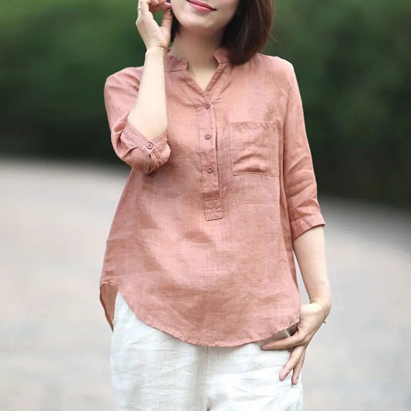 

F&je New Summer Style Women Shirt Plus Size Half Sleeve Loose Casual V-neck Blouses Femme Cotton Linen Vintage Blouse Tops CYK1
