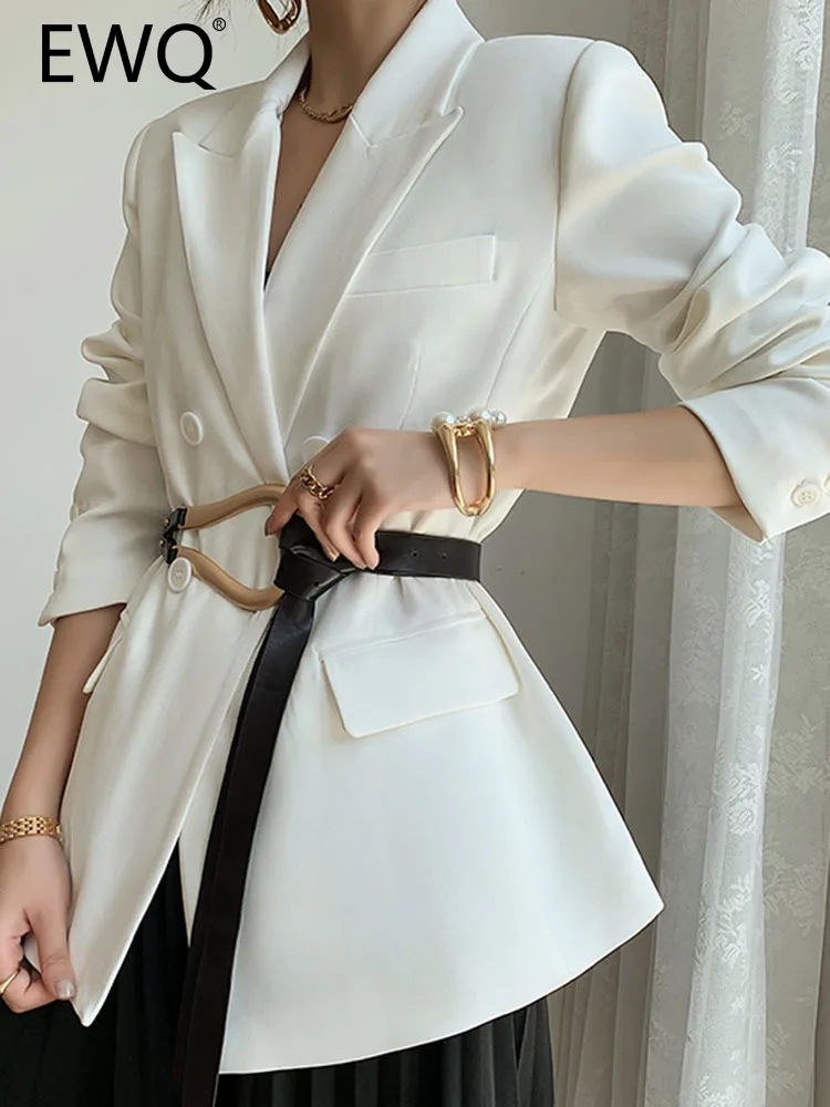 

EWQ High End Belt Gathered Waist Elegant Blazer For Women Notched Double Breasted Long Sleeve Jackets 2023 Summer New 26D2588