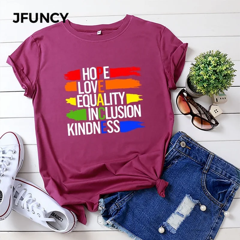 JFUNCY Women Summer Tops 100% Cotton Oversize Short Sleeve T-shirts Female Casual Tshirt Color Letter  Print Lady Tees