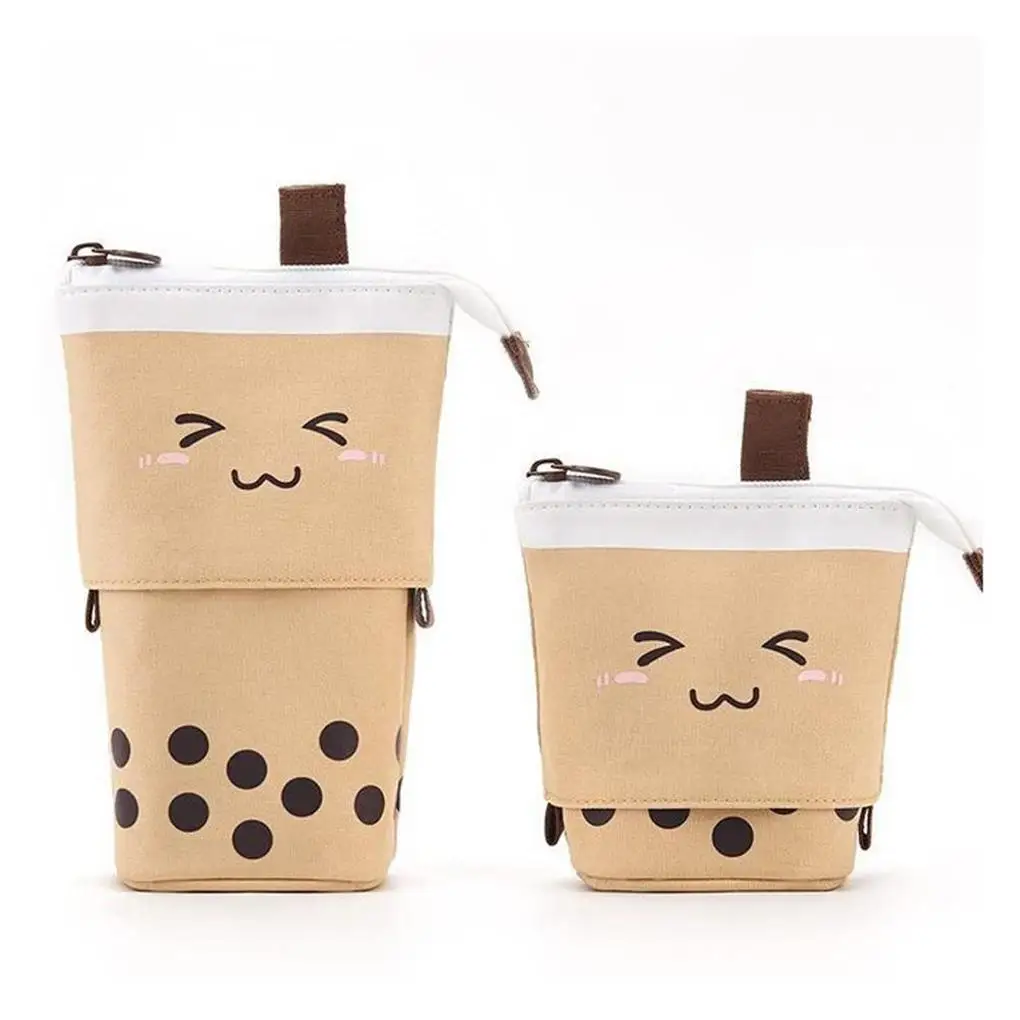 

Pen Telescopic Holder Cute Milk Tea Case Stand-up with Kawaii Smile Face Black Dot Organizer Female Student Makeup Brush Pouch
