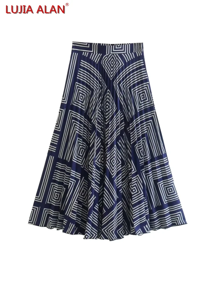 

New Women's Geometric Printing High Waist Casual Loose Side Zipper Pressed Pleat Midi Skirts LUJIA ALAN P3366