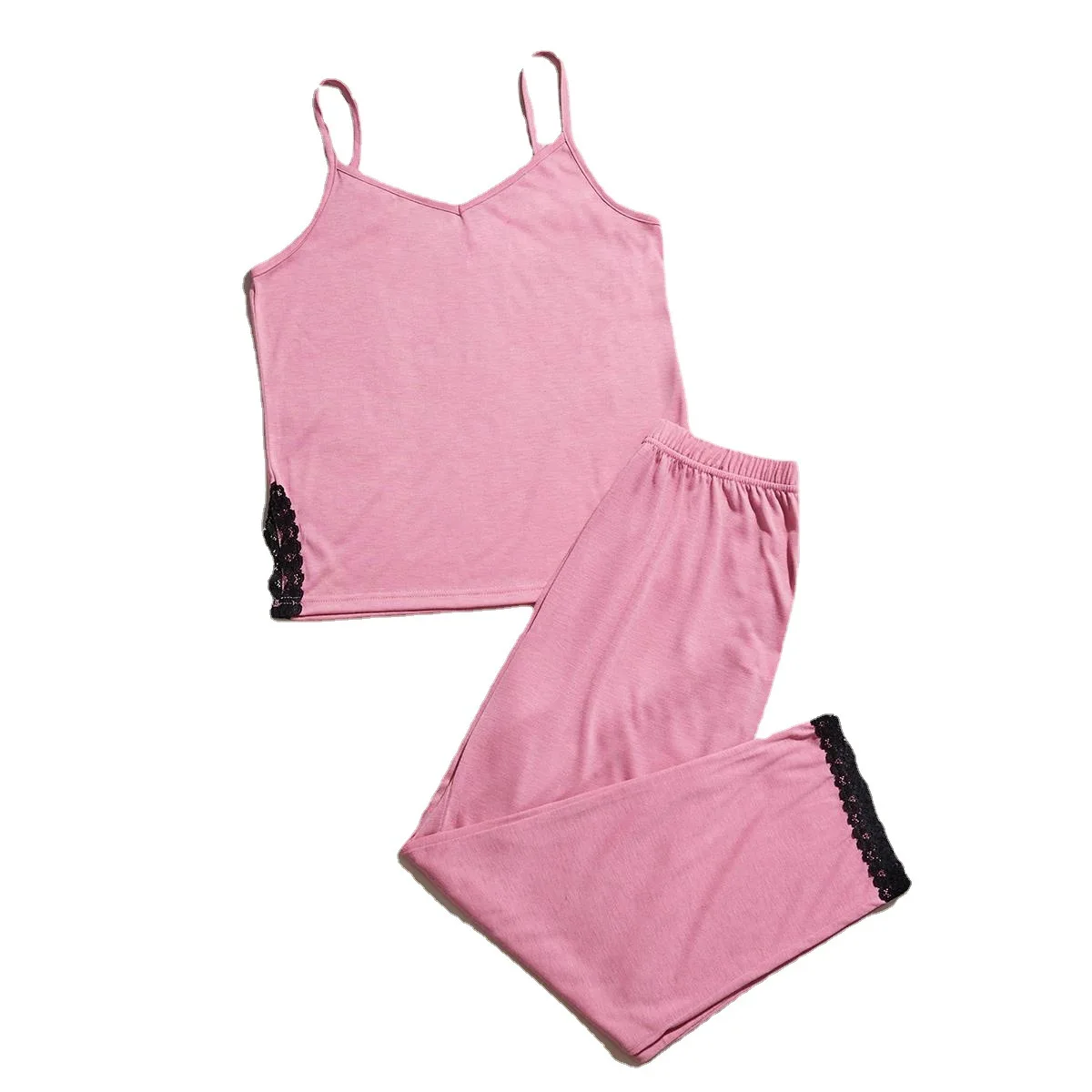 2pcs Pajamas for Women Cotton Spaghetti Straps Sling Top Solid Loose Lace Edge Trousers Lounge Wear Sets Woman Pajama Sleepwear