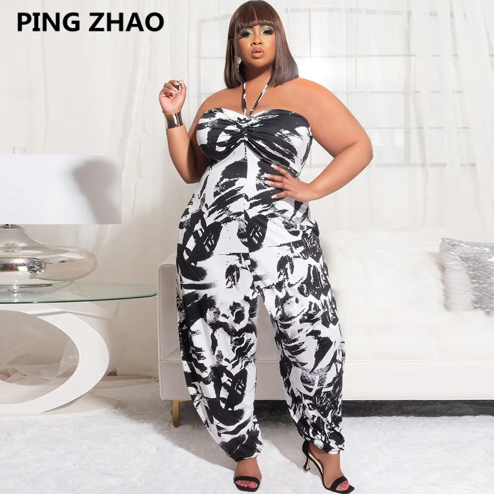 

PING ZHAO Plus Size Print Women Halter Neck Haren Sleeveless Jumpsuit for 2022 Summer Streetwear Hip Hop Overall Playsuit