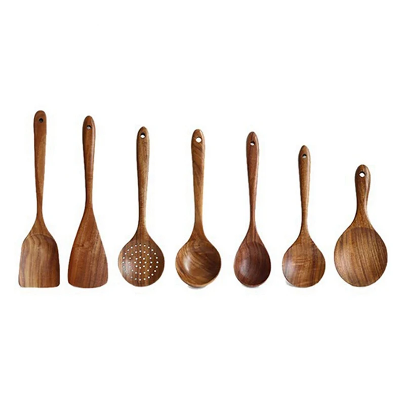 

A63I 8Pcs Teak Tableware Spoon Colander Long Handle Spoon Wooden Non-Stick Special Spatula Kitchen Tool Set