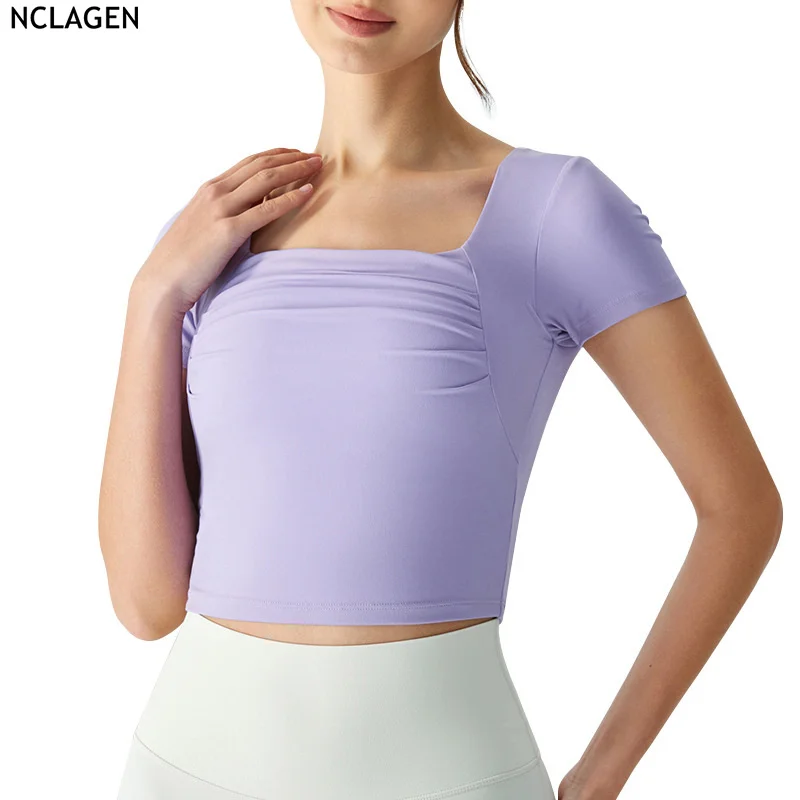 

NCLAGEN, футболки с квадратным вырезом и коротким рукавом для йоги, женская короткая спортивная футболка, цельный Кубок, топ для фитнеса, тренажерного зала, тренировок, дышащий