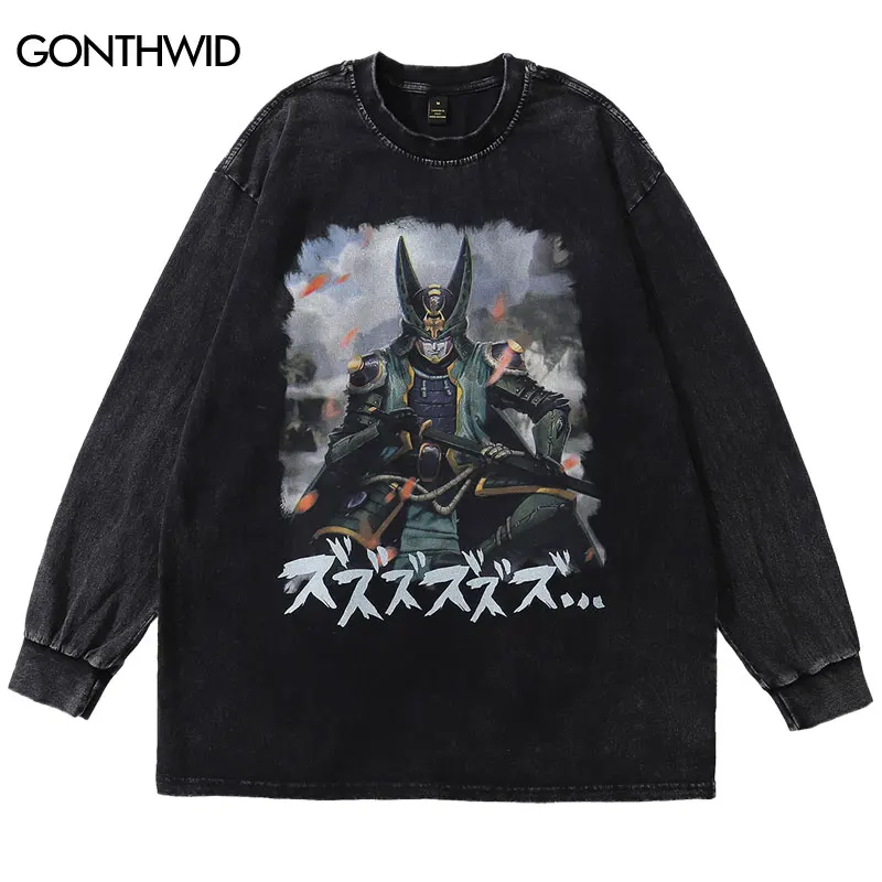

Hip Hop T-Shirt Japanese Samurai Cartoon Print Long Sleeve Streetwear Tshirt Men Harajuku Casual Cotton Distressed Wash Shirts