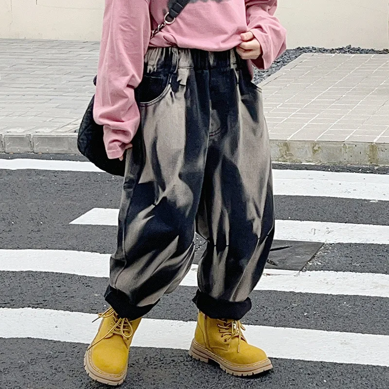 

Girl Clothes Fashion Casual Jeans Spring New Elastic Waist Raw Ink Tie Dye Denim Trousers for Teens Streetwear Harem Pants 4-16Y