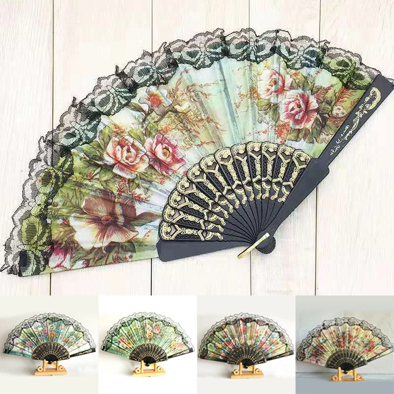 

1PC Summer Chinese Spanish Style Vintage Dance Folding Fan Lace Silk Held Flower Fan Landscape Party Wedding Home Decor