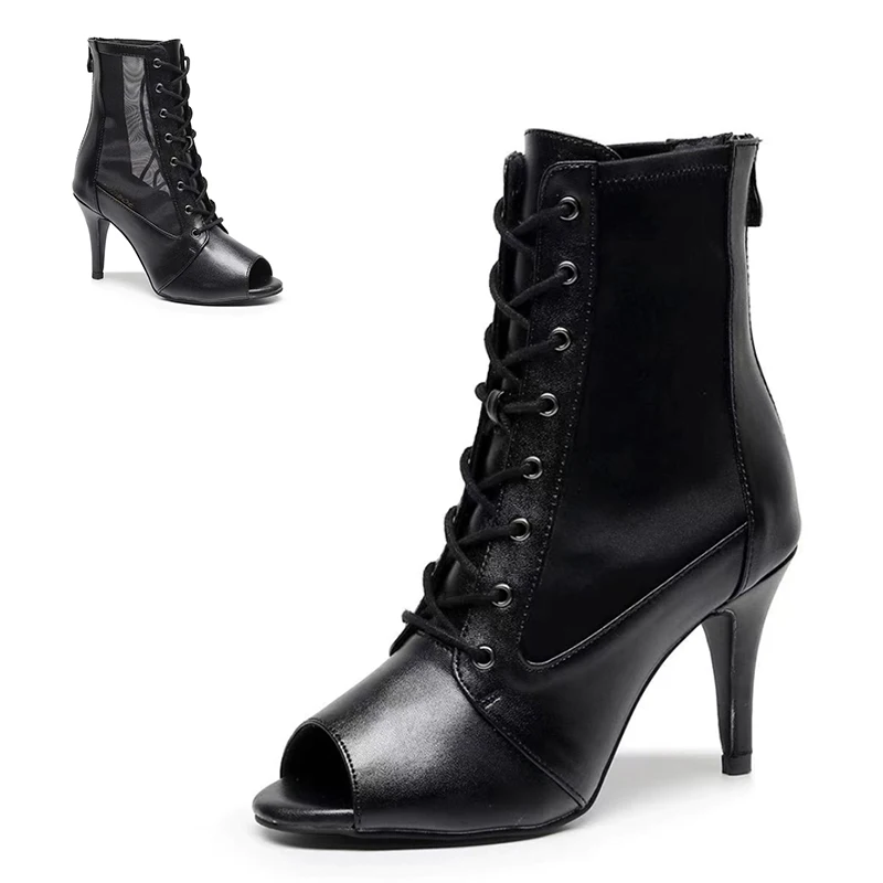 SWDZM Women Jazz Dance Shoes Black Cuban Heel Ballroom Adjustable lace up Dance Booties Ladies High Heels Latin shoes