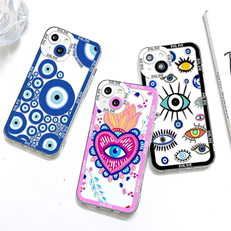 

Blue Evil Eye Phone Case For iPhone 14 13 12 11 Pro Max Mini X XR XSMAX SE20 8 7 6 6S Plus Transparent TPU Lens Creative Cover