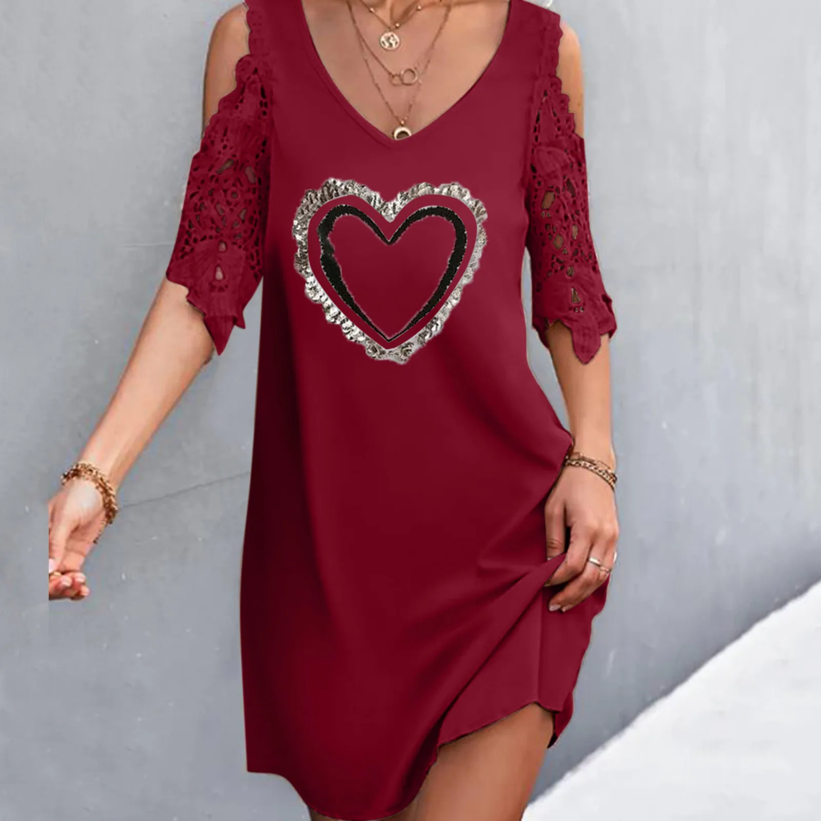 

Summer Spring Dresses For Women Strappy Cold Shoulder Shirt Dress Trendy Hollow Loose Short Sleeve Lace Dresses for Woman