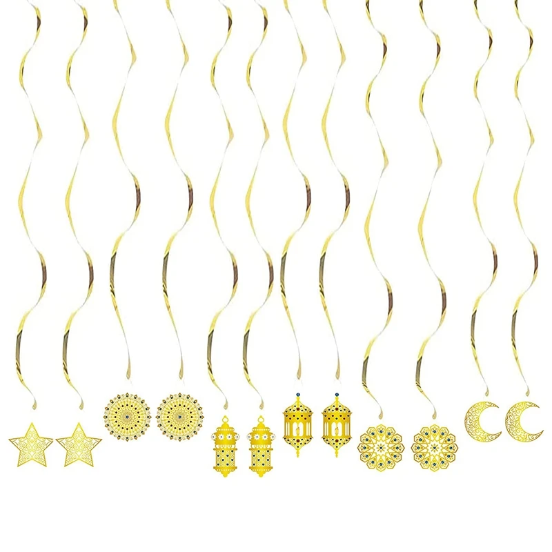 

Holiday Decorations Eid Al-Adha Decoration Gold Hanging Swirls Decorations Moon,Stars And Eid Lantern Garland