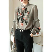 spring tops women 2022 trendy fashion new polyester silk shirt womens joker floral printed slim lantern sleeve blouse