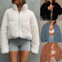 womens winter coats 2022 jacket solid fleece tops cropped female overcoat jacket faux fur teddy blouse winter luxury streetwear