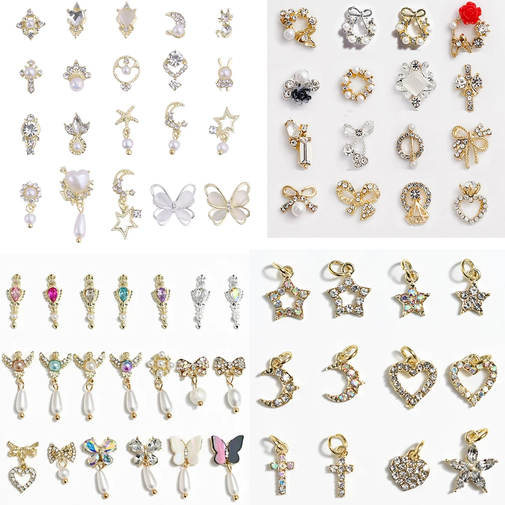 10Pcs Metal Dangle Nail Art Charms Moon/Butterfly/Bowknot Metal Zircon Luxury Rhinestone Nail Piercing Jewelry Pendant Diamonds