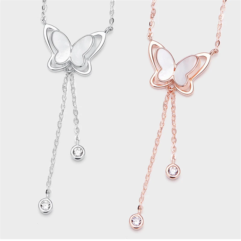 

Sole Memory Silver Color Butterfly Tassel Shell Shiny Female Necklace SNE637