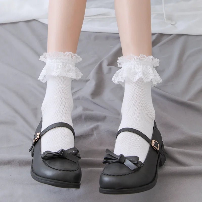 

Милые японские хлопковые короткие носки в стиле Харадзюку, черные, белые кружевные носки в стиле "Лолита" для женщин и девушек, дышащие милые носки принцессы с оборками