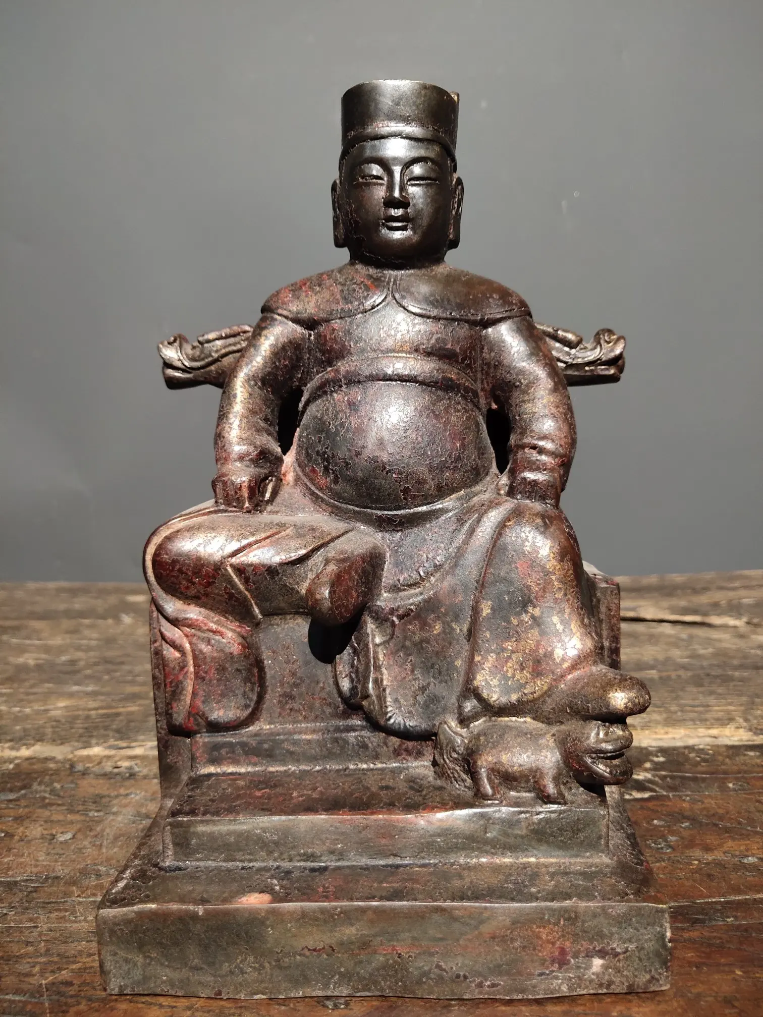 

9" Tibetan Temple Collection Old Bronze cinnabar mud gold Northern Wei Buddha Emperor Xuanwu Northern Emperor worship buddha