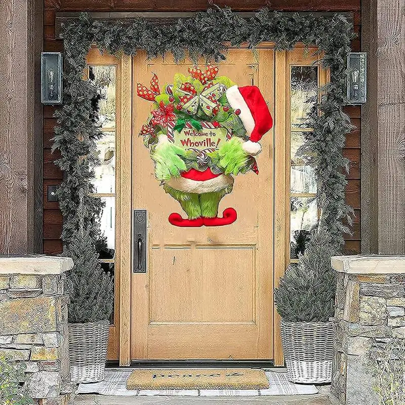 

2021 Christmas Wreath Home Front Door Garlands Christmas Thief Design Xmas Decor Green Plush Doll Decor Navidad Wreaths