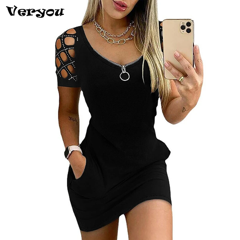 

New Sexy Dress Women Solid Hollow Out Mini Dresses For Women Summer Casual V Neck Zipper Short Sleeve Mini Dress Vestidos 2022