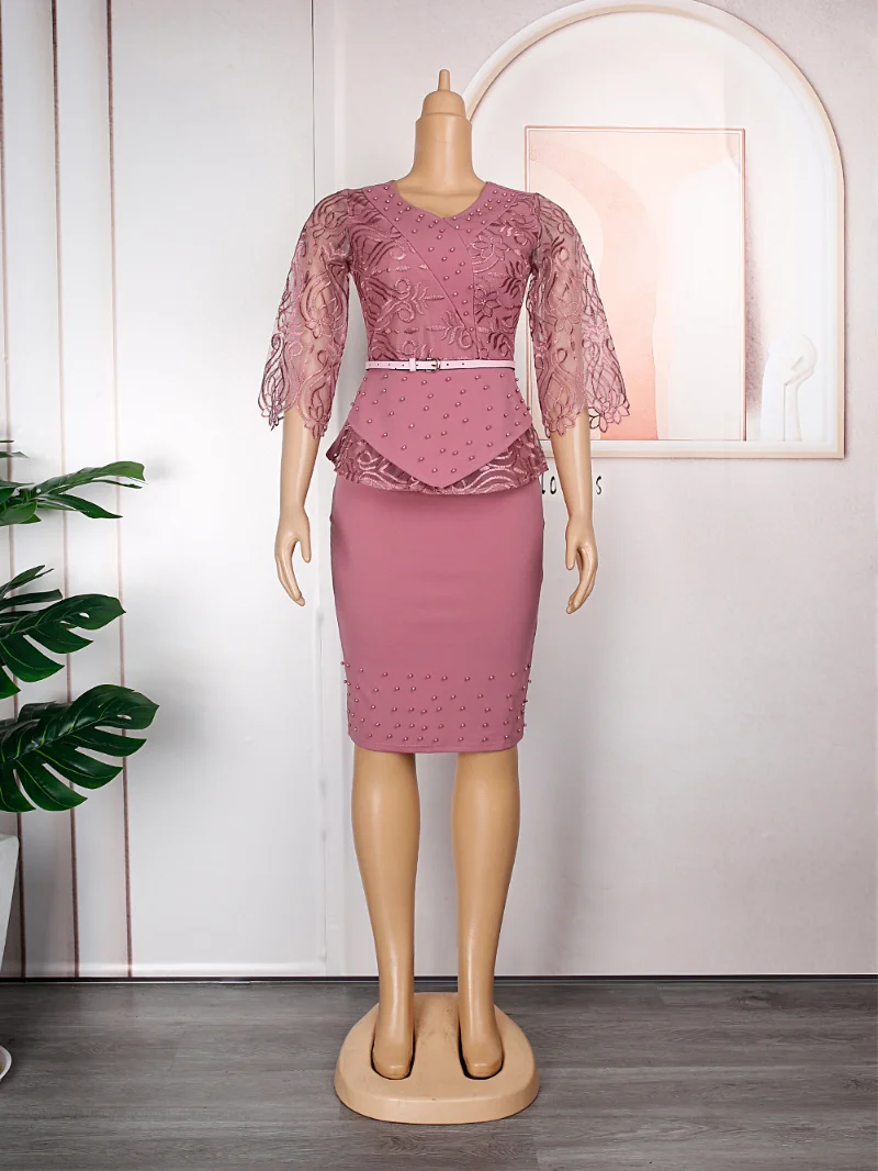 Elegant Lace 2 Piece Sets Women Outfit Beads V Neck Ruffle Top with Belt Package Hips Back Slit Skirt Summer Formal Event Outfit