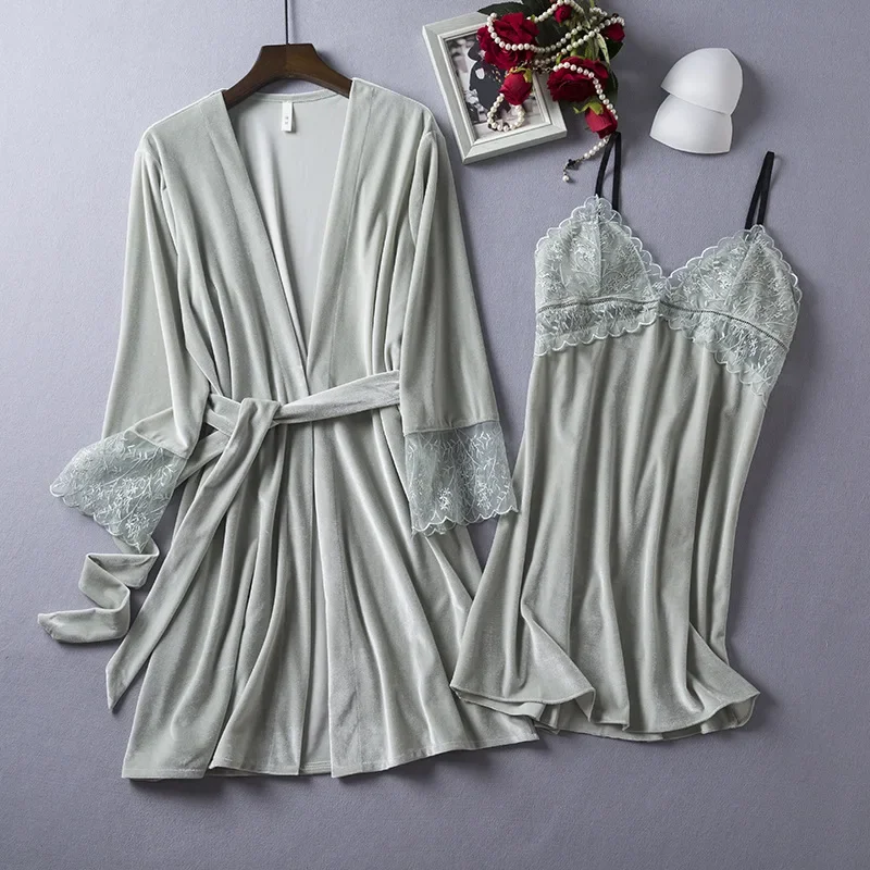 Комплект из кружевного халата и рубашки женская одежда для сна ночная рубашка