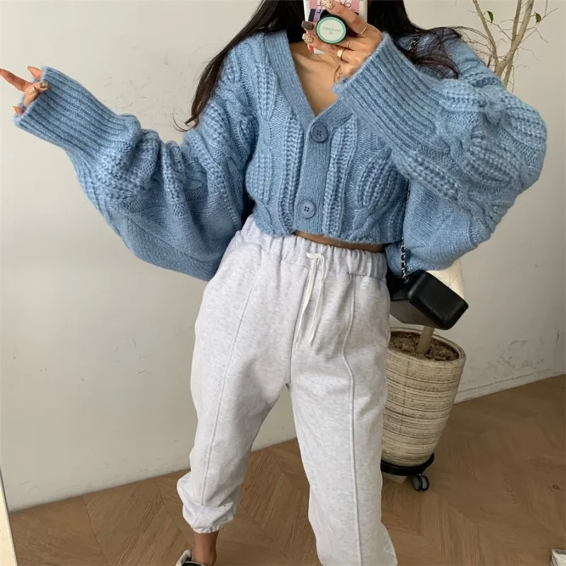 

New Vintage Criss-Cross Cardigan Woman Sweaters Fall Winter 2023 Raglan Sleeve V Neck Button Up Jackets Knitted Short Coats