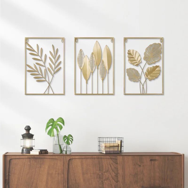 

Nordic Metal Leaf Wall Hanging Ornaments Golden Iron Rectangular Frame Leaves Plant Sofa Background Home Room Wall Decoration
