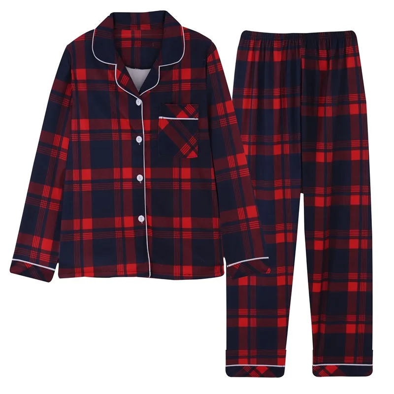 

Long Sleeve Cardigan Sleepwear Clothes with Long Trousers Two Piece Sets Ladies Plaid Design Shirt Pajamas Home Pyjamas Women