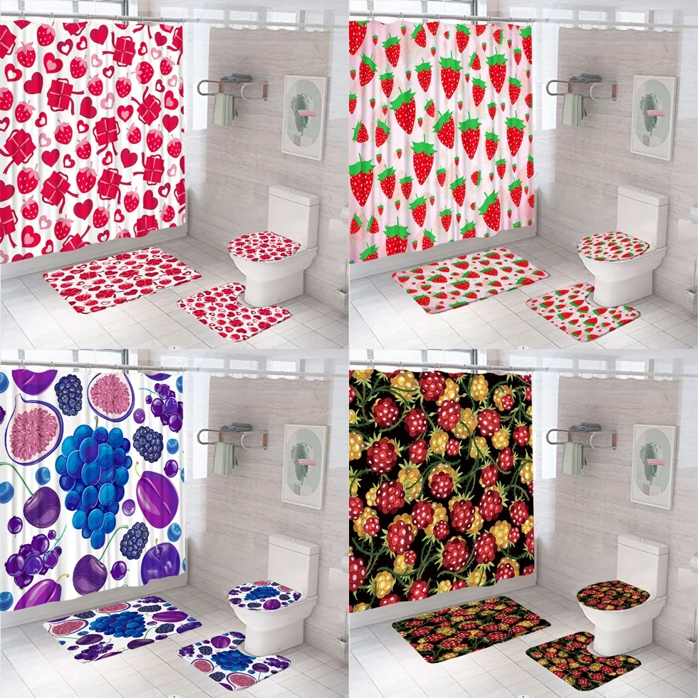 

Strawberry Bathroom Curtains Fabric Summer Fruit Shower Curtain for Kid Girl Botanical Leaves Non-Slip Bath Mat Rug Toilet Cover