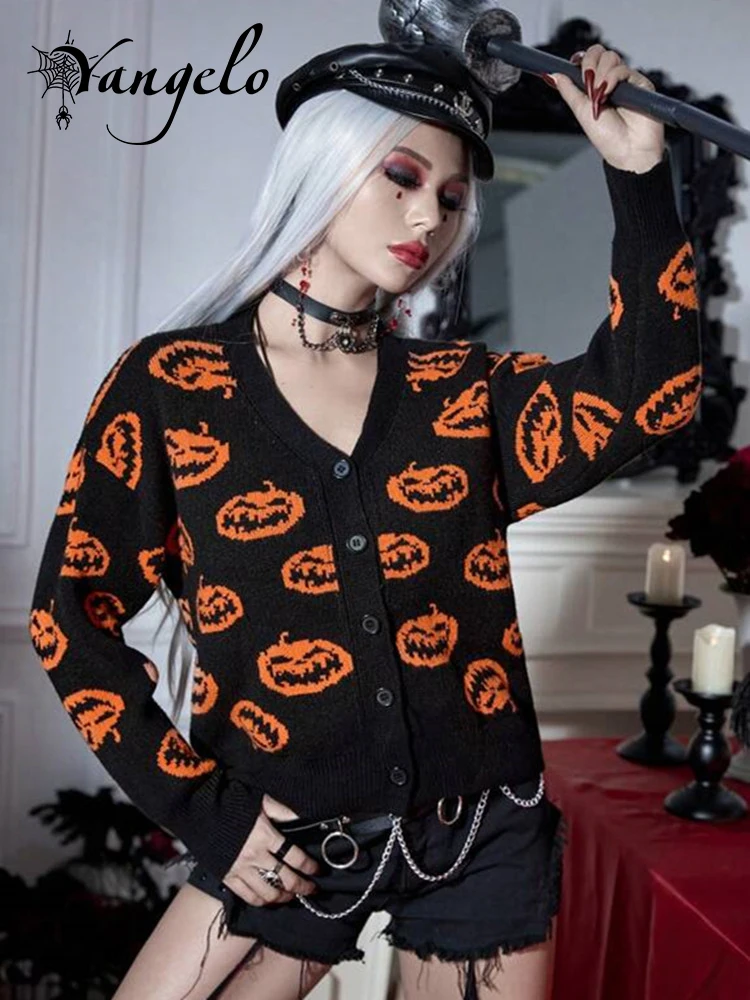 

Yangelo Halloween Gothic Pumpkin Printed Sweater Women's Knitted Cardigan Warm Autumn and Winter V Neck Button Sweater