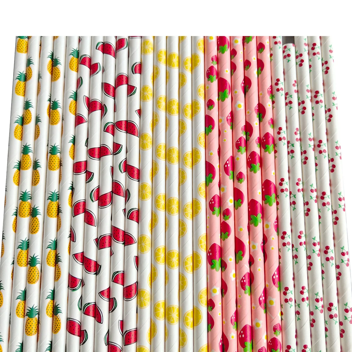 

25Pcs Colored Disposable Degradable Paper Straws Fruit Pattern Pineapple Printed Straws Summer Hawaii Birthday Party Drink Decor
