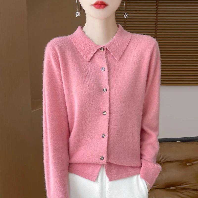 Женский Свитер Из Мериносовой Шерсти Кардиган С Воротником-поло Вязаное Теплое