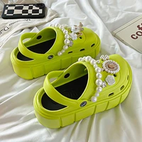 6cm platform slippers and charms women home thick sole slides platform clogs girl casual sandal pearl chain holes antislip shoes