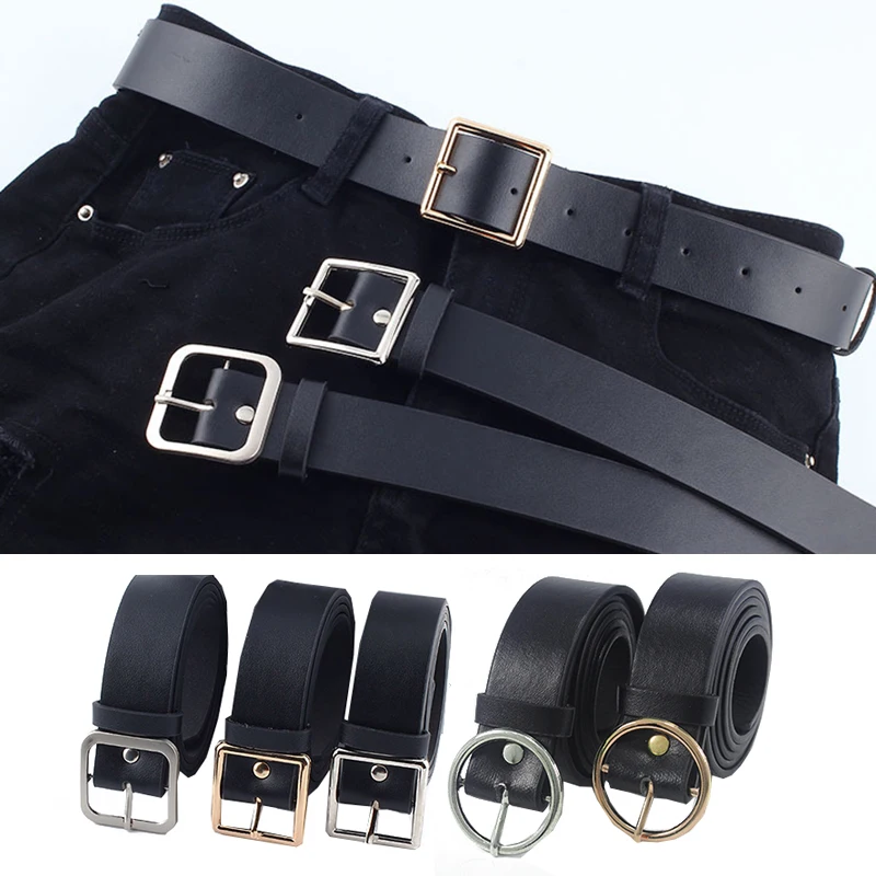

PU Leather Belt Simple Square Pin Buckle Belt Metal Round Buckle Waist Belts All-match Jeans Waistbands Casual Black Waist Strap