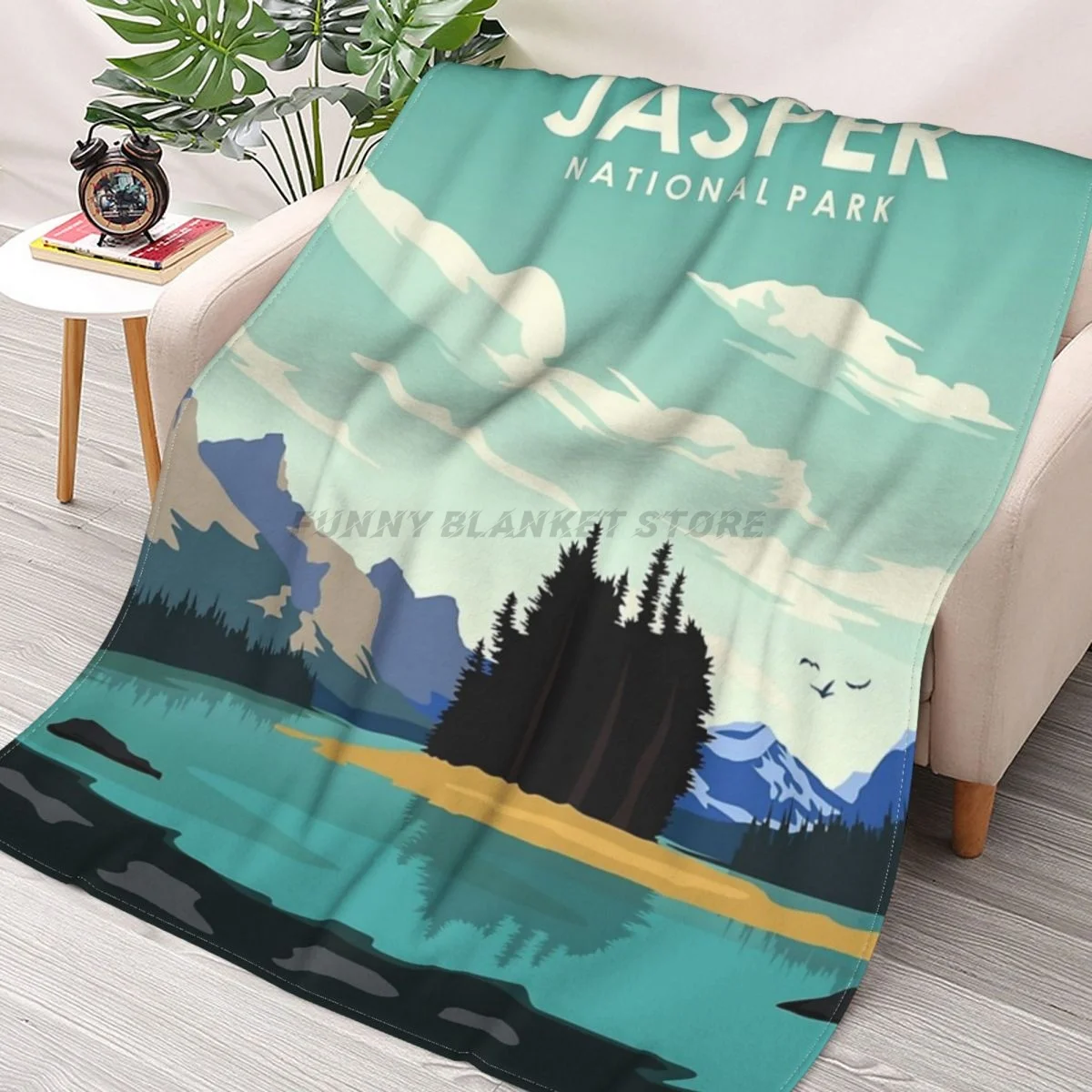 

Jasper National Park Vintage Travel Art Throws Blankets Collage Flannel Ultra-Soft Warm picnic blanket bedspread on the bed