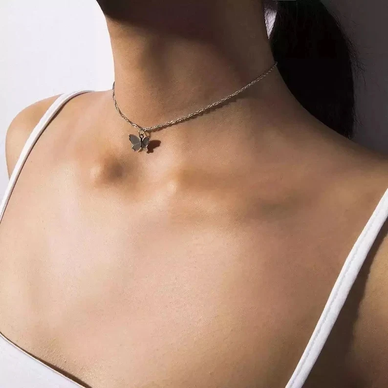 

Gold Silver Butterfly Charm Necklace Delicate Chain with Pendant Homemade Trending Everyday Jewelry Aesthetic Necklace