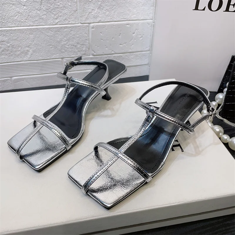 

2023 Summer New Brand Women Sandal Shoes Fashion Narrow Band Ladies Silver Gladiator Sandal Square Toe High Heel Dress Shoes