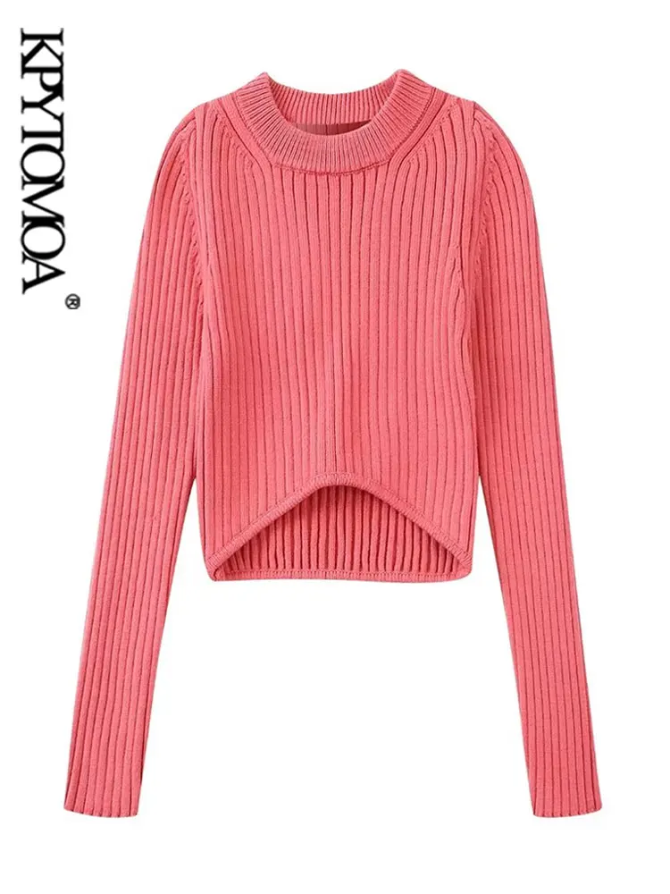 

KPYTOMOA Women Fashion Front Rounded Hem Cropped Knit Sweater Vintage O Neck Long Sleeve Female Pullovers Chic Tops