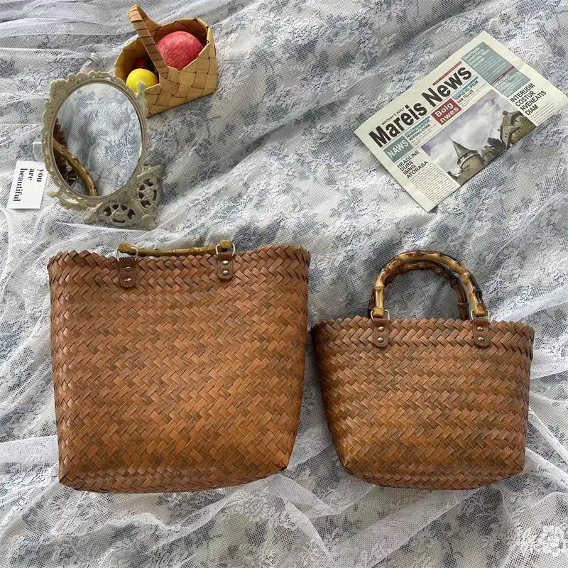 

New Summer Fashion Ladies Woven Hand Bag Portable Basket Bag Women's Cabbage Leisure Beach Retro Bags PVC Bucket Bag Hand Gift