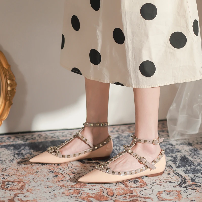 2023 Summer Women Genuine Leather Luxury Single Shoe Ankle Strap Designer Fashion Metal Rivet Pointed Flat Bottom Women's Shoes