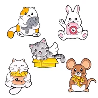 cute alloy animal series brooch creative cartoon cat eating fish rabbit playing mobile phone modeling paint badge lapel pins