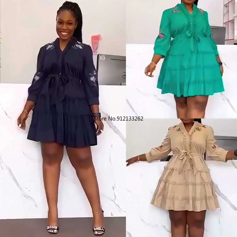 

Африканские платья для женщин, весна-осень, африканские женщины, черный, зеленый, хаки, рукав три четверти, полиэстер, вышивка, Платье женско...