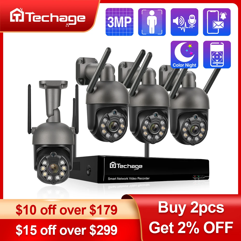 Techage 3MP PTZ Wireless CCTV System Two Way Audio WIFI IP Security Camera 10CH P2P NVR Video Surveillance Kit Human Auto Track