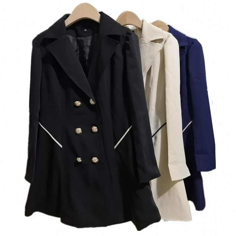 

Spring Girls Office Wear Black Long Trench Coat Oversize Double Breasted Button Up Women Dress Coat Pleated Windbreaker Xxxl